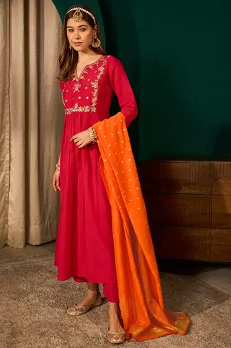 A-line red embroidered silk blend kurta pant set with pink dupatta     festive ethnic wear for women