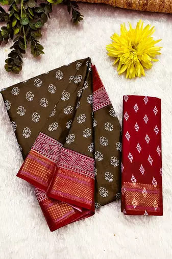Brown, red floral print mulmul cotton saree with blouse.