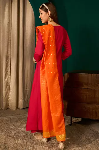 A-line red embroidered silk blend kurta pant set with pink dupatta     festive ethnic wear for women