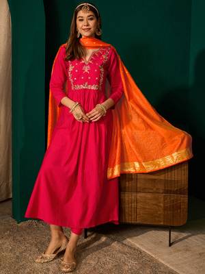 A-line red embroidered silk blend kurta pant set with pink dupatta     festive ethnic wear for women 4