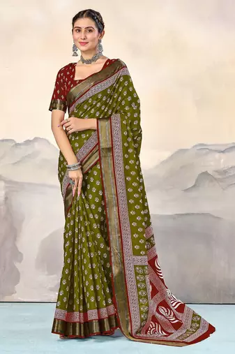 Green, red floral print mulmul cotton saree with blouse.