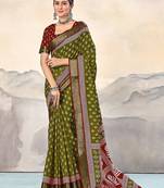 Green, red floral print mulmul cotton saree with blouse.