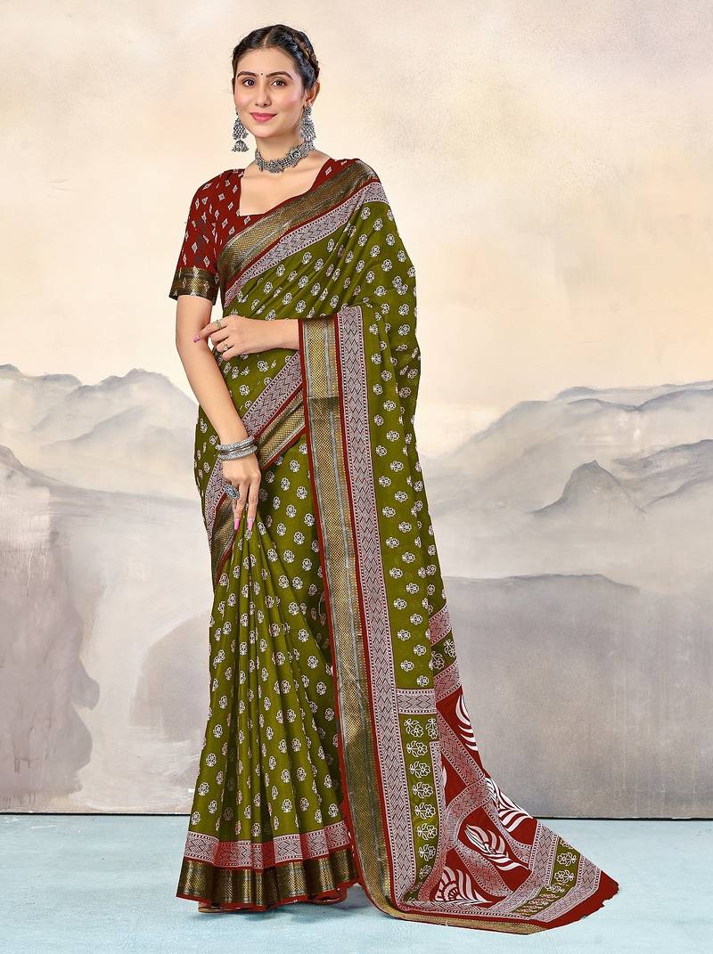 Green, red floral print mulmul cotton saree with blouse.
