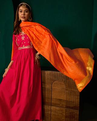 A-line red embroidered silk blend kurta pant set with pink dupatta     festive ethnic wear for women 5