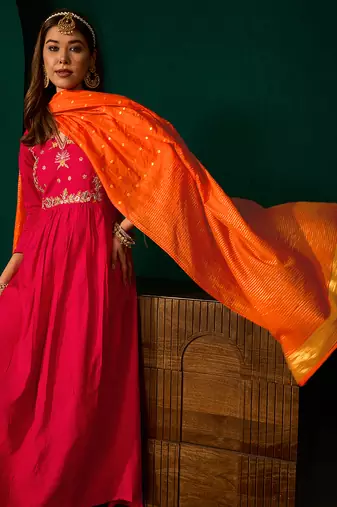 A-line red embroidered silk blend kurta pant set with pink dupatta     festive ethnic wear for women