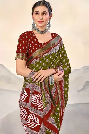 Green, red floral print mulmul cotton saree with blouse.