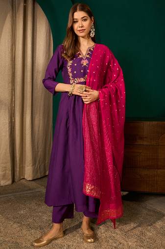 A-line violet embroidered silk blend kurta pant set with pink dupatta – festive ethnic wear for women