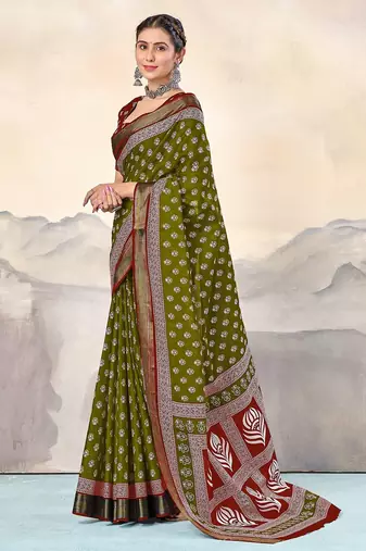 Green, red floral print mulmul cotton saree with blouse.