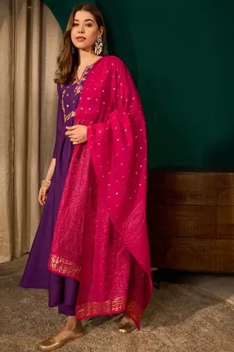 A-line violet embroidered silk blend kurta pant set with pink dupatta     festive ethnic wear for women