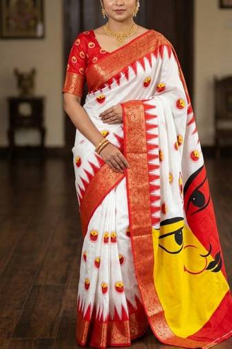 White Color Digital printing Durga Pooja Work Lichi Silk Saree