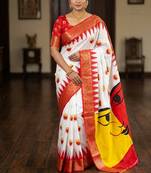 White Color Digital printing Durga Pooja Work Lichi Silk Saree