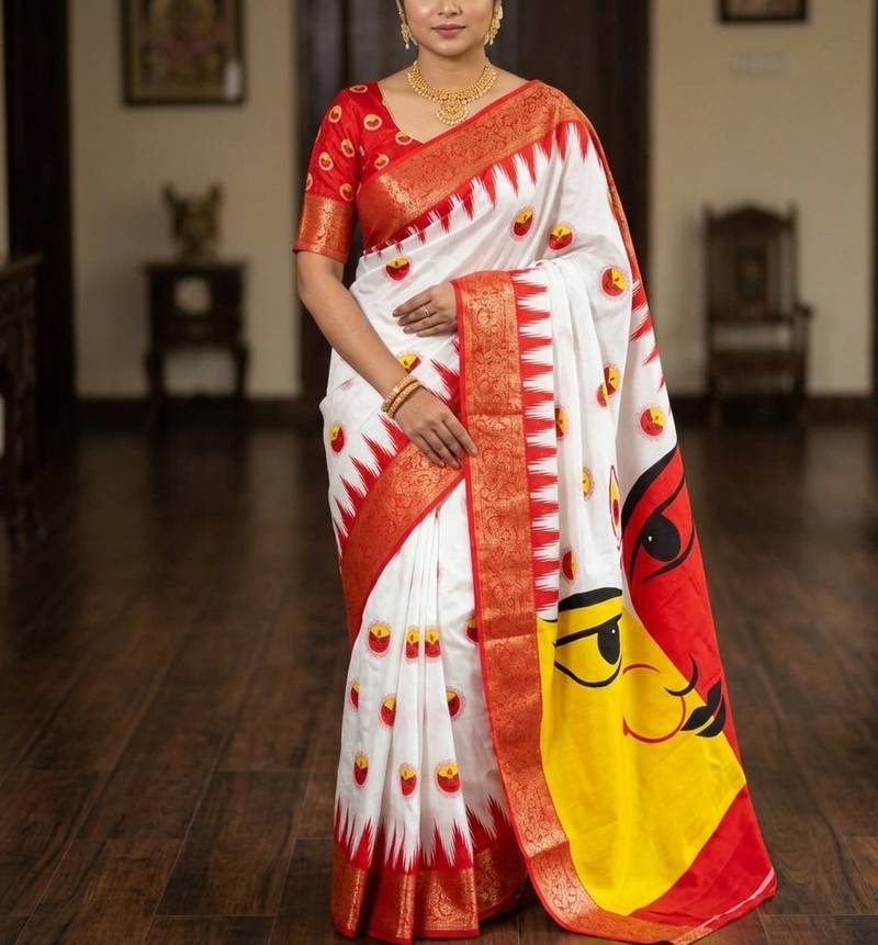 White Color Digital printing Durga Pooja Work Lichi Silk Saree