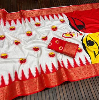 White Color Digital printing Durga Pooja Work Lichi Silk Saree 2