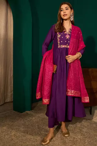 A-line violet embroidered silk blend kurta pant set with pink dupatta     festive ethnic wear for women