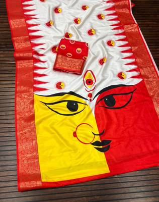 White Color Digital printing Durga Pooja Work Lichi Silk Saree 3