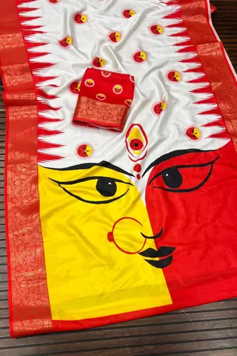 White Color Digital printing Durga Pooja Work Lichi Silk Saree