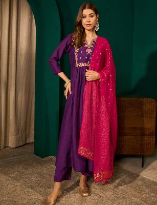 A-line violet embroidered silk blend kurta pant set with pink dupatta     festive ethnic wear for women 4