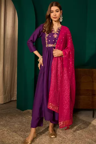 A-line violet embroidered silk blend kurta pant set with pink dupatta     festive ethnic wear for women