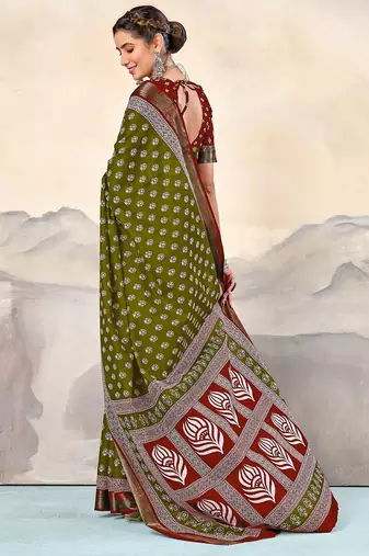 Green, red floral print mulmul cotton saree with blouse.