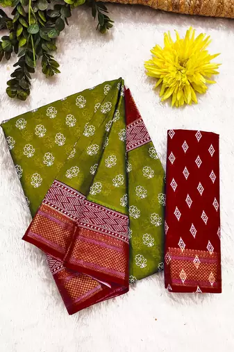 Green, red floral print mulmul cotton saree with blouse.