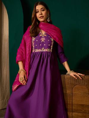 A-line violet embroidered silk blend kurta pant set with pink dupatta     festive ethnic wear for women 5
