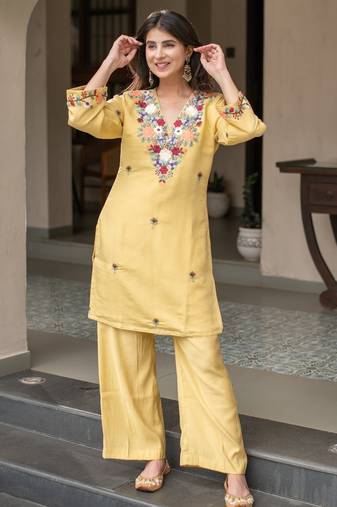 Stylish yellow crepe floral embroidered straight kurta palazzo set for women