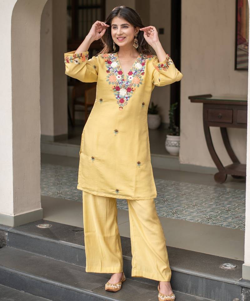 Stylish yellow crepe floral embroidered straight kurta palazzo set for women
