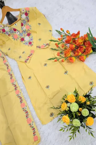  yellow crepe floral embroidered straight kurta palazzo set for women