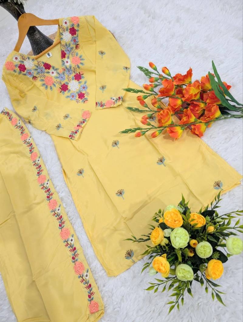  yellow crepe floral embroidered straight kurta palazzo set for women