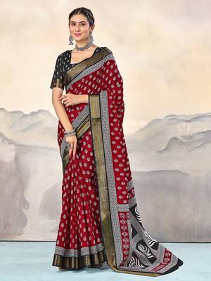 Red, black floral print mulmul cotton saree with blouse. 1