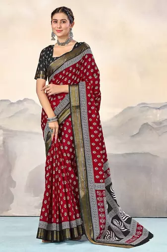 Red, black floral print mulmul cotton saree with blouse.