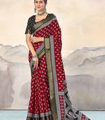 Red, black floral print mulmul cotton saree with blouse.
