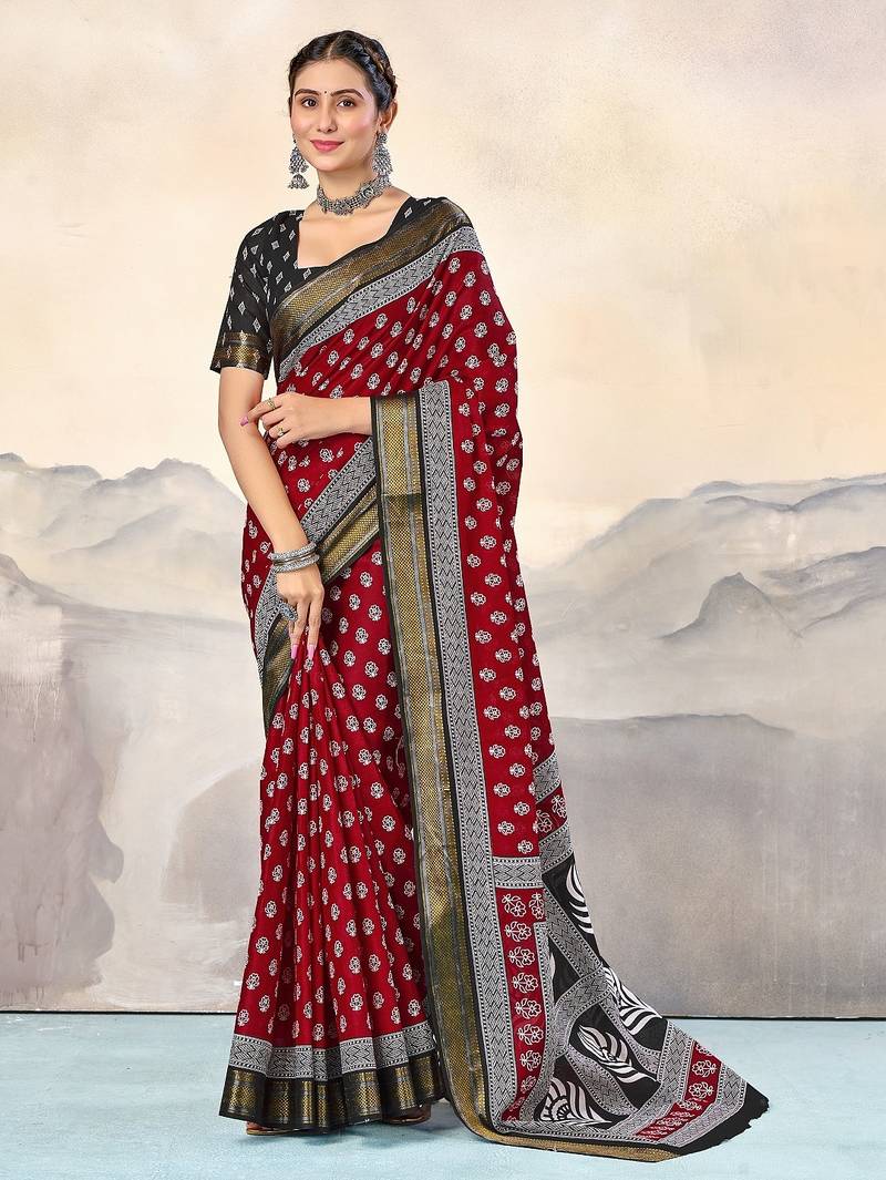Red, black floral print mulmul cotton saree with blouse.