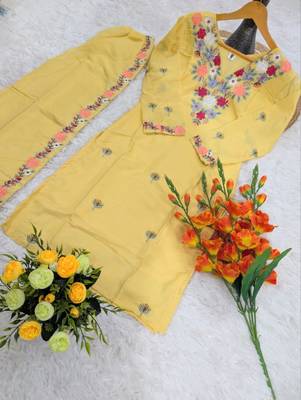 yellow crepe floral embroidered straight kurta palazzo set for women 3