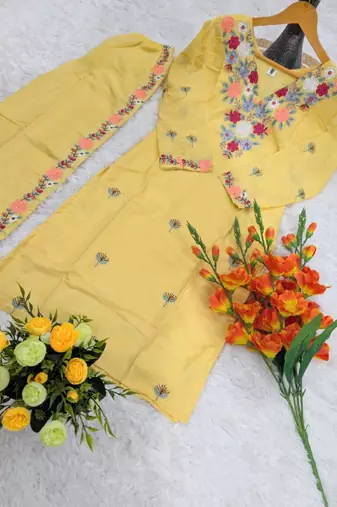  yellow crepe floral embroidered straight kurta palazzo set for women