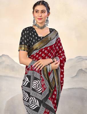 Red, black floral print mulmul cotton saree with blouse. 2