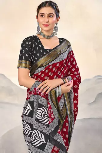 Red, black floral print mulmul cotton saree with blouse.