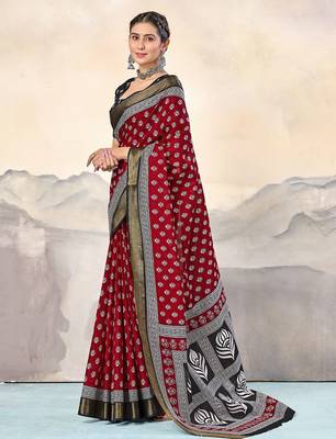 Red, black floral print mulmul cotton saree with blouse. 3