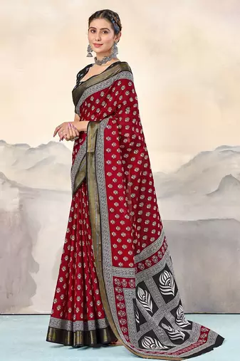 Red, black floral print mulmul cotton saree with blouse.