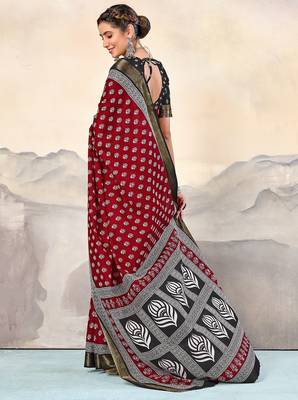 Red, black floral print mulmul cotton saree with blouse. 4