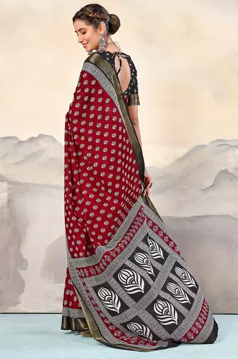 Red, black floral print mulmul cotton saree with blouse.