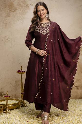 Trending coffee embroidered flared vichitra silk kurta pant set with dupatta for women