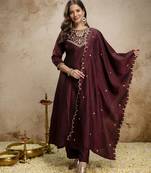 Trending coffee embroidered flared vichitra silk kurta pant set with dupatta for women