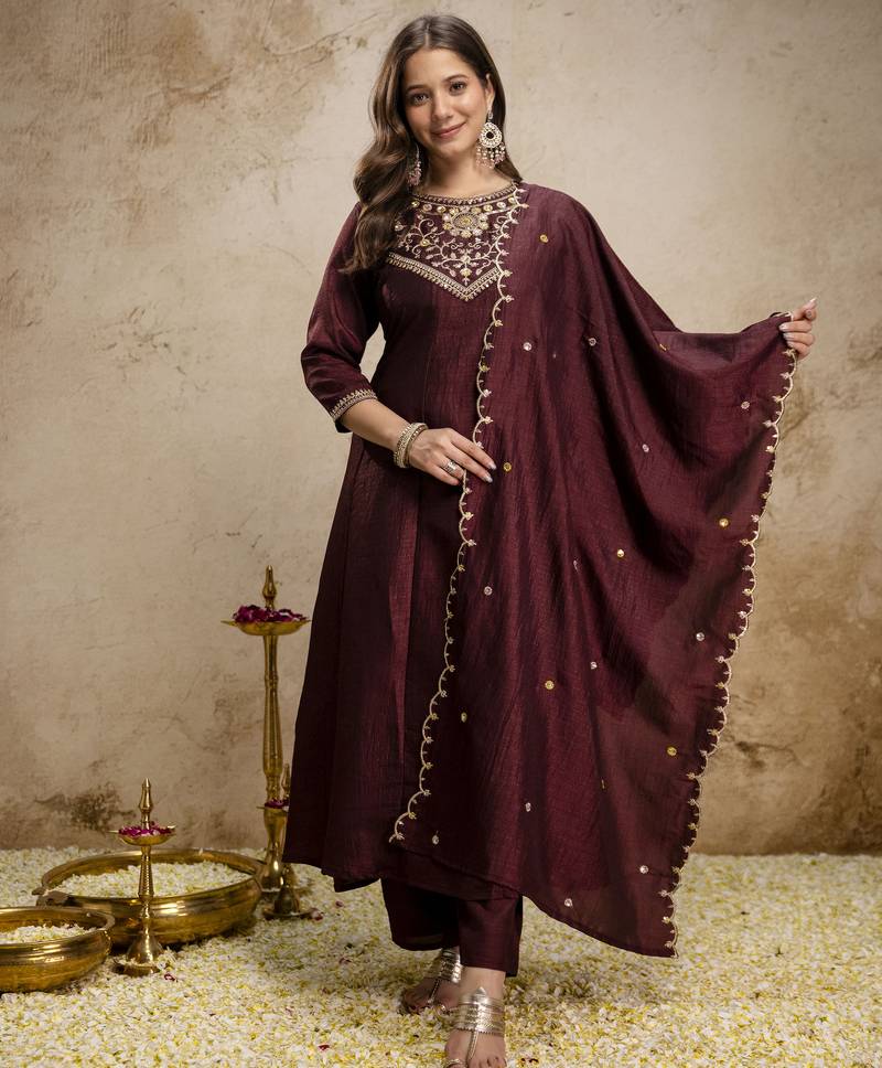 Trending coffee embroidered flared vichitra silk kurta pant set with dupatta for women