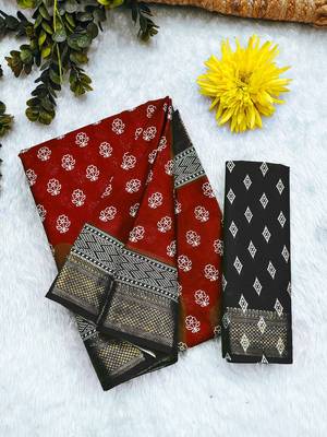 Red, black floral print mulmul cotton saree with blouse. 5