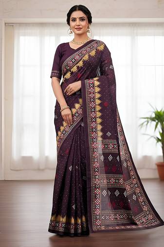 Wine sambalpuri, ikkat soft pure cotton saree with blouse.