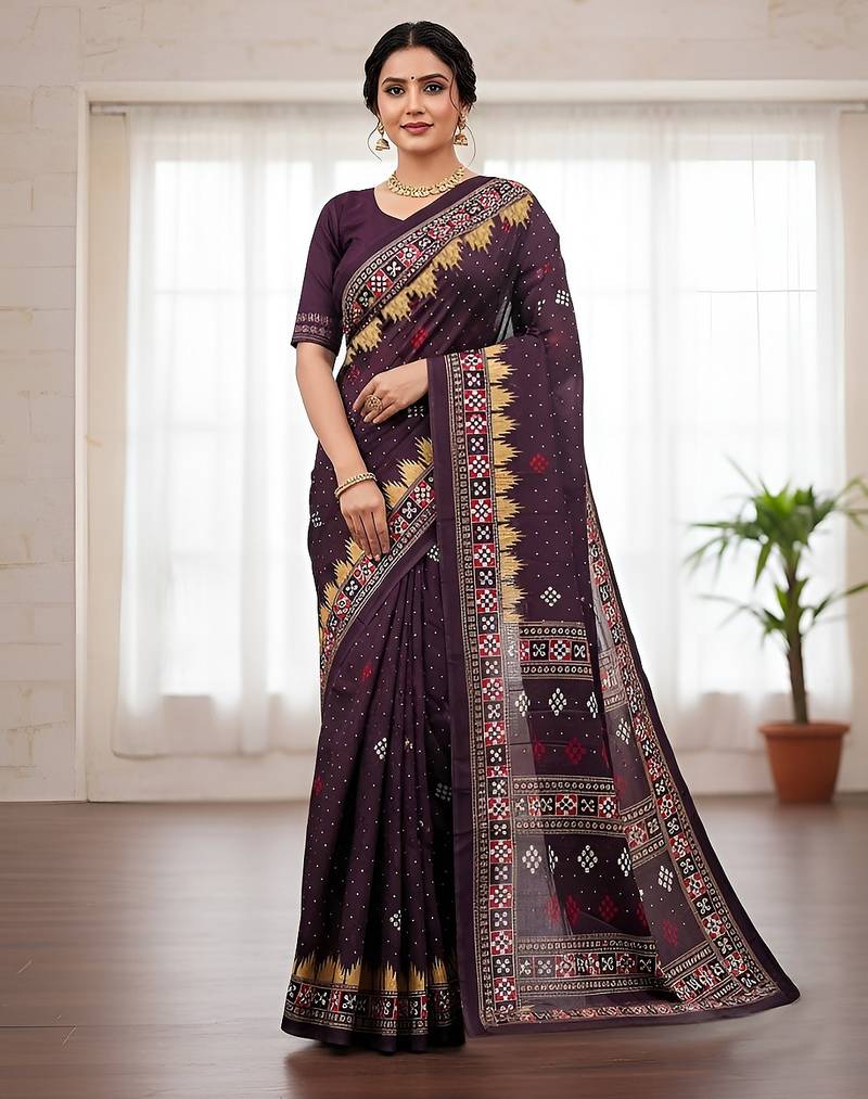 Wine sambalpuri, ikkat soft pure cotton saree with blouse.