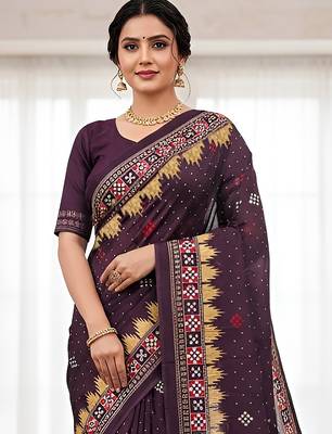 Wine sambalpuri, ikkat soft pure cotton saree with blouse. 2