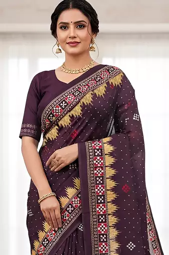 Wine sambalpuri, ikkat soft pure cotton saree with blouse.