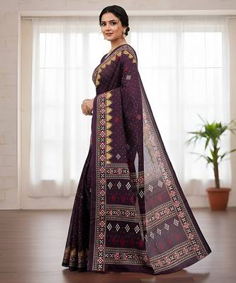 Wine sambalpuri, ikkat soft pure cotton saree with blouse. 3